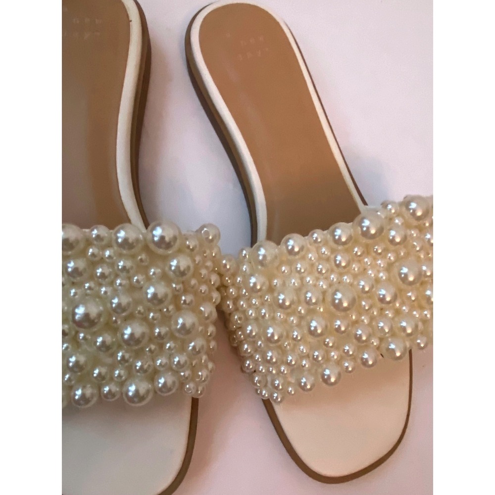 A New Day Pearl Embellished Slide Sandals White Tan Flat Square Toe Sz 10 - Picture 3 of 7